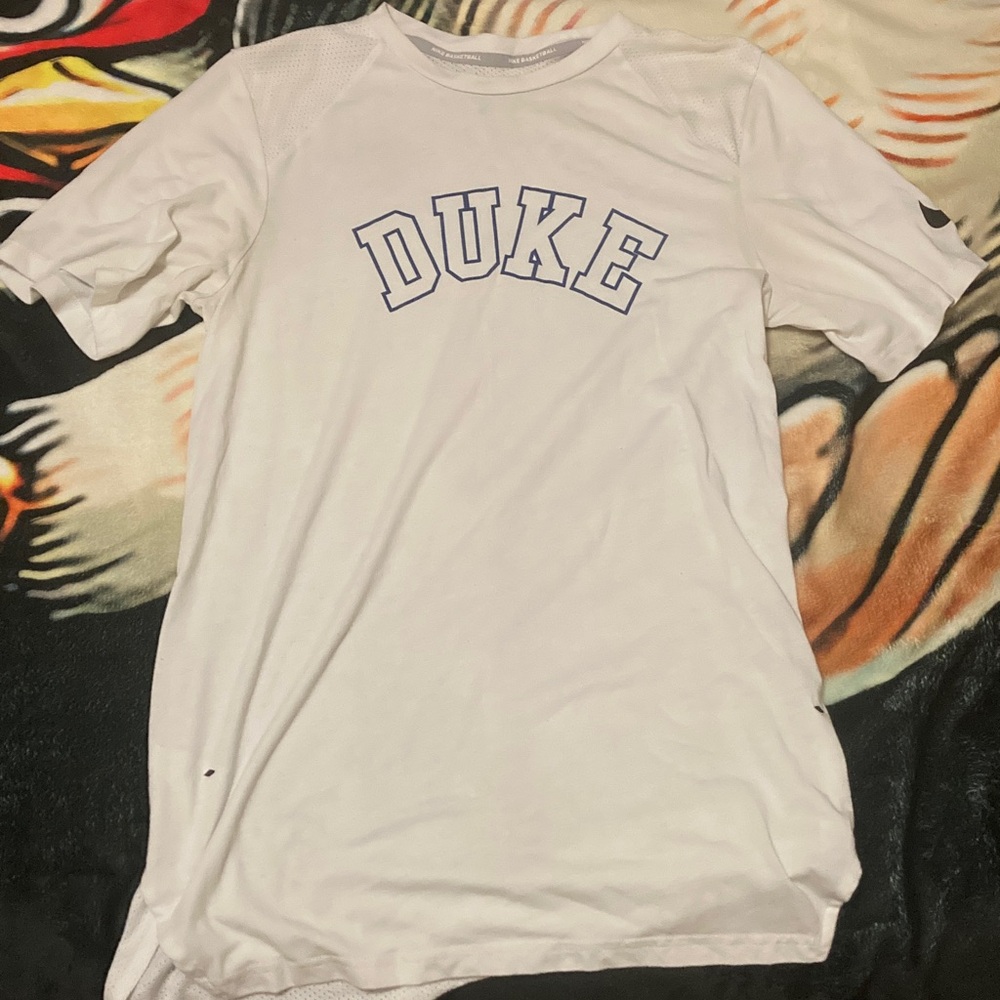 Nike White Short Sleeve Tee with Blue Print DUKE